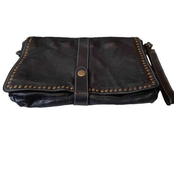 Costanza Rota Black Leather and Brass Stud Crossbody Messenger Flap Bag - Picture 5 of 12